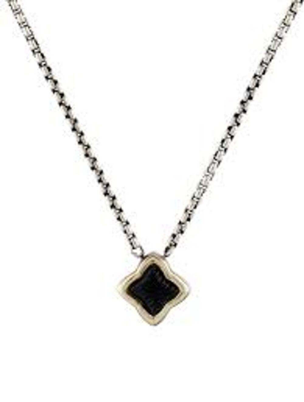 David Yurman Black Onyx Quatrefoil Sterling Silver and 18K Gold Necklace 16in